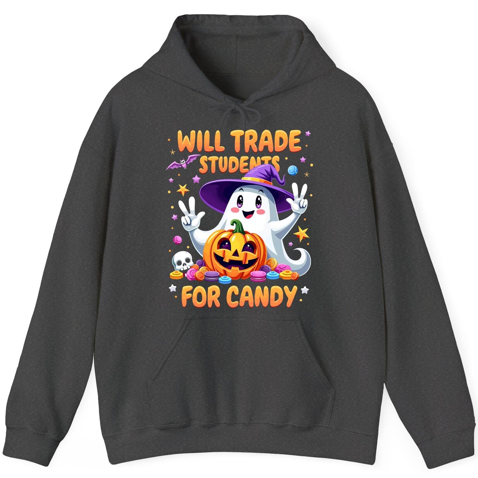 Will Trade Students for Candy teacher Halloween Hoodie Dark Heather product mockup