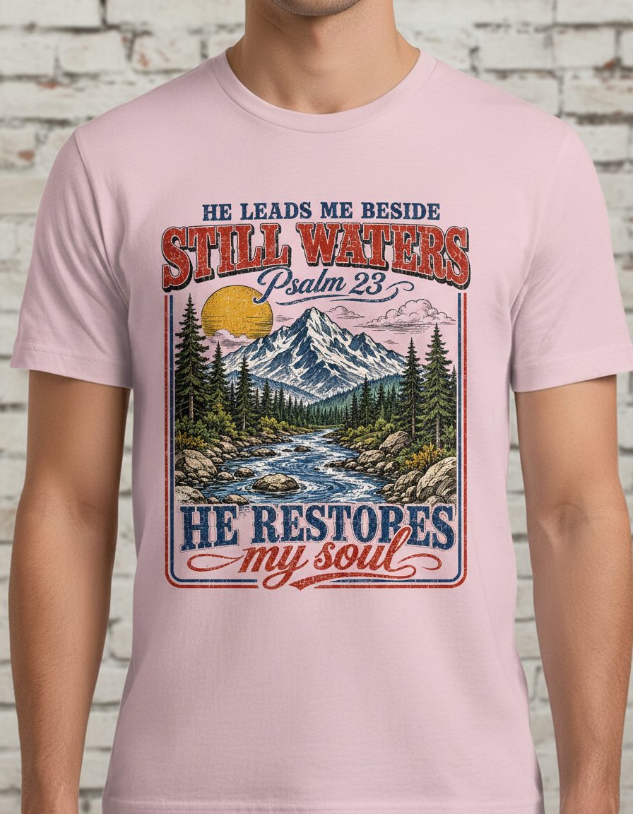 He Leads Me Beside Still Waters Psalm 23 He Restores My Soul T-Shirt - product mockup - Light Pink