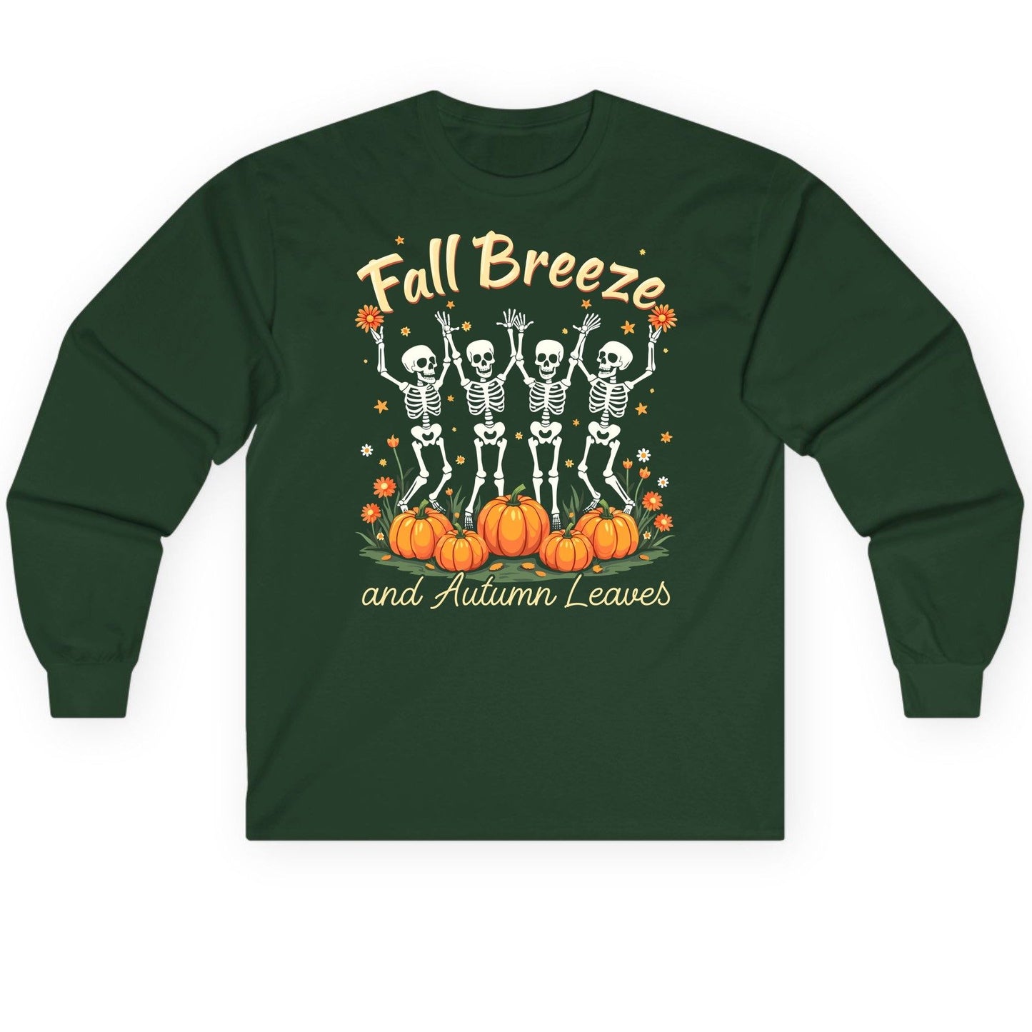 Fall Breeze and Autumn Leaves dancing skeletons Long Sleeve Tee Forest Green product mockup