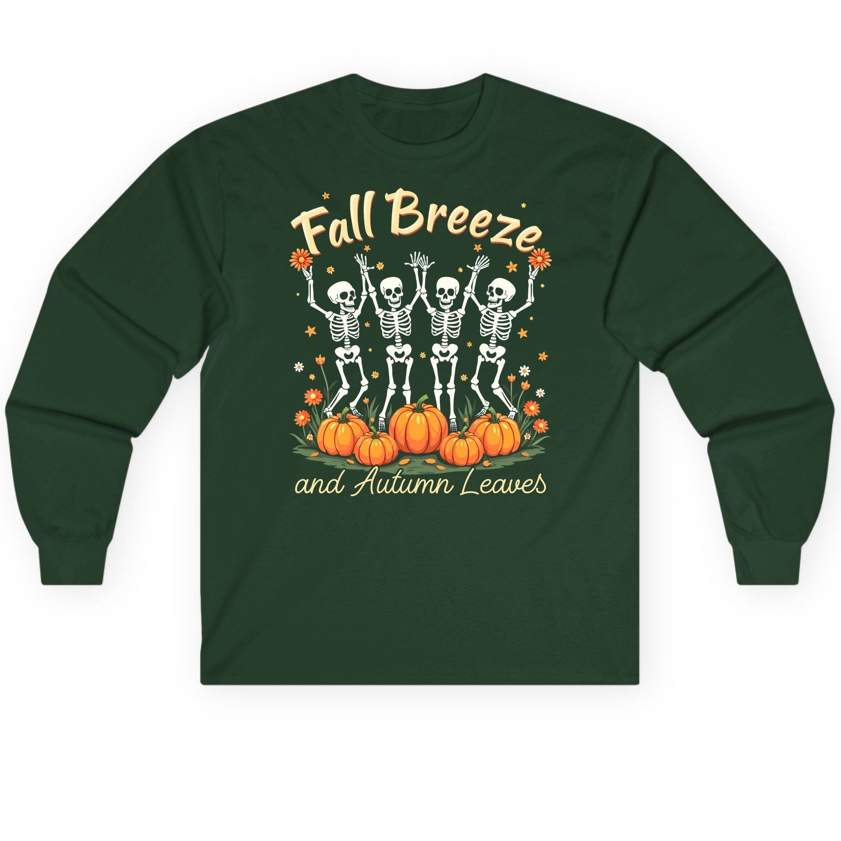 Fall Breeze and Autumn Leaves dancing skeletons Long Sleeve Tee Forest Green product mockup
