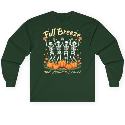 Fall Breeze and Autumn Leaves dancing skeletons Long Sleeve Tee Forest Green product mockup