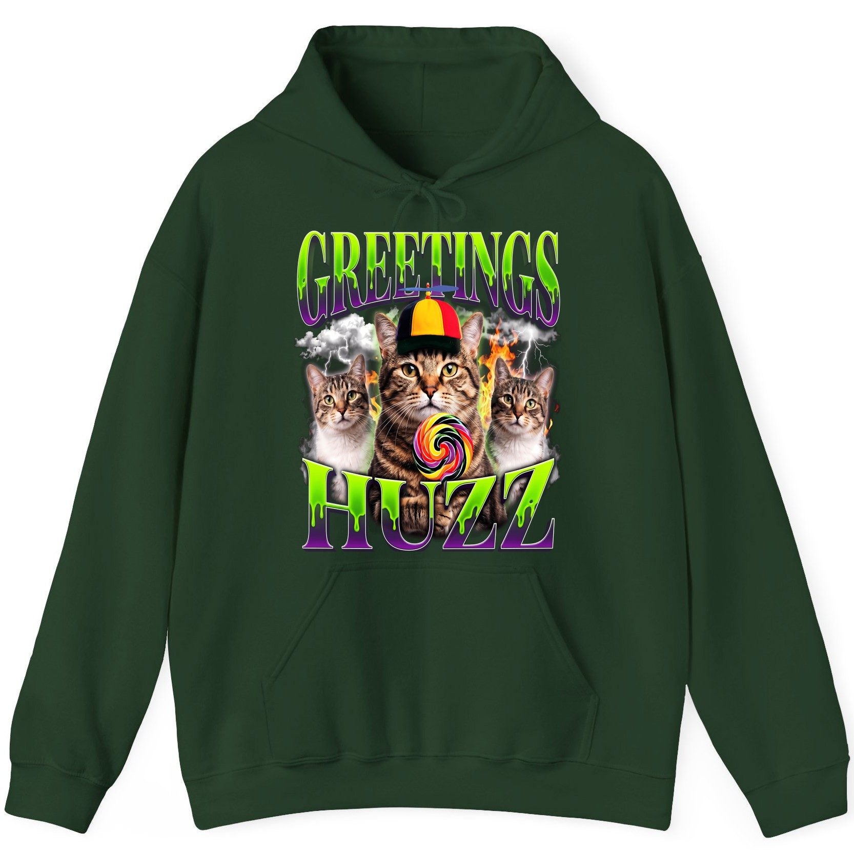 Greetings HUZZ Funny Cat Hoodie - product mockup - Forest Green