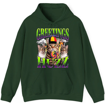 Greetings HUZZ Funny Cat Hoodie - product mockup - Forest Green