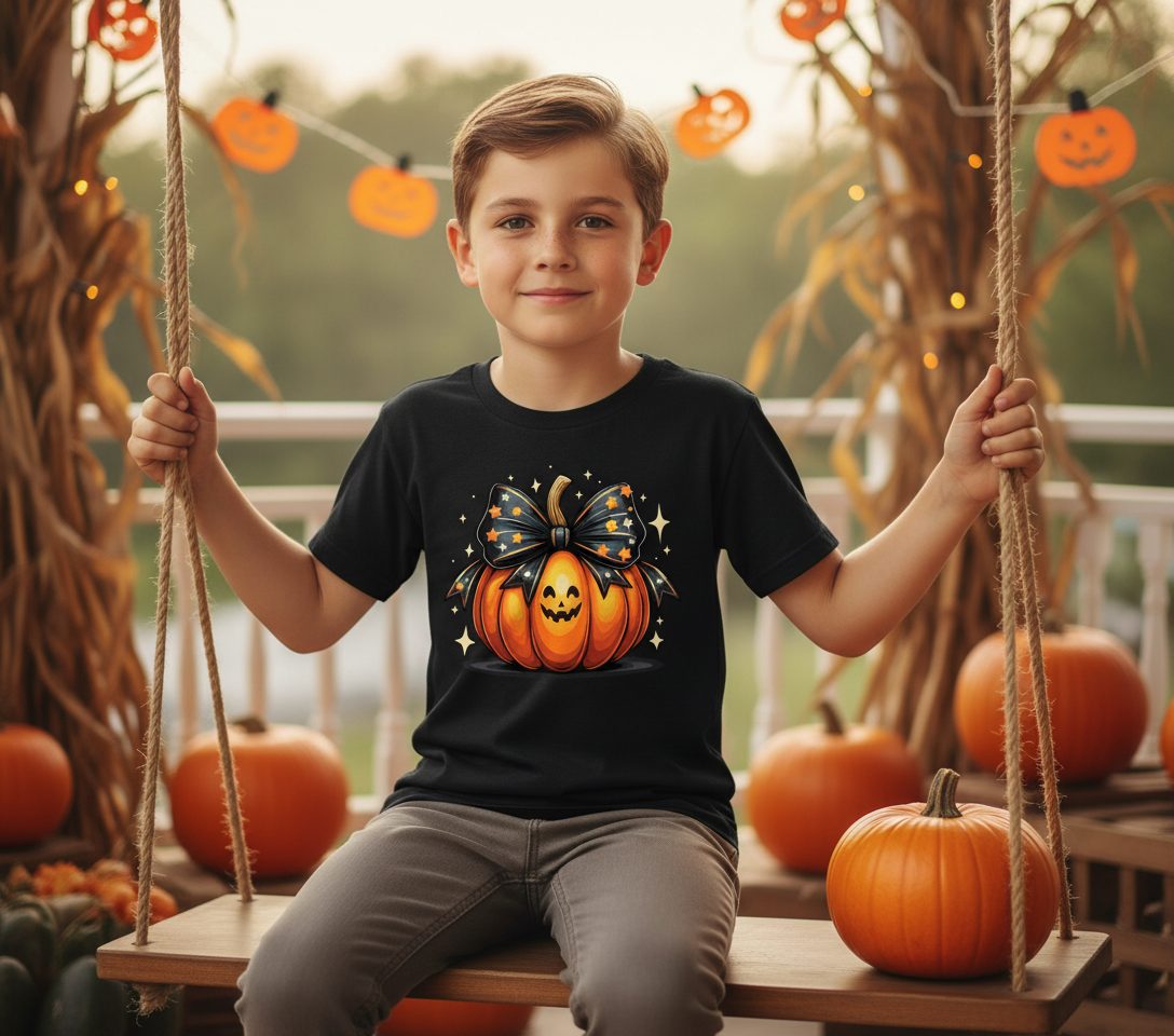 Starry Bow Pumpkin Halloween pumpkin Youth T-Shirt Black lifestyle mockup