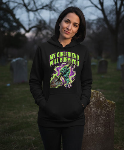 My Girlfriend Will Bury You zombie Hoodie Black lifestyle mockup