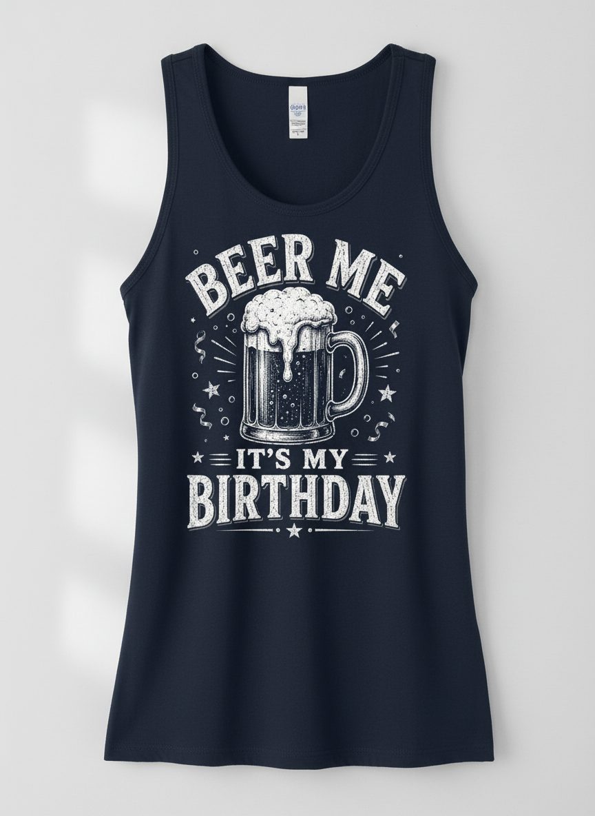 Beer Me It's My Birthday Funny Person Tank Top - product mockup - Navy