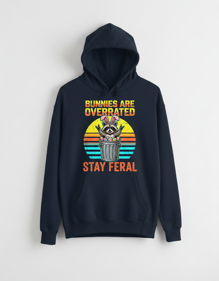Bunnies Are Overrated Stay Feral Raccoon Hoodie - Navy