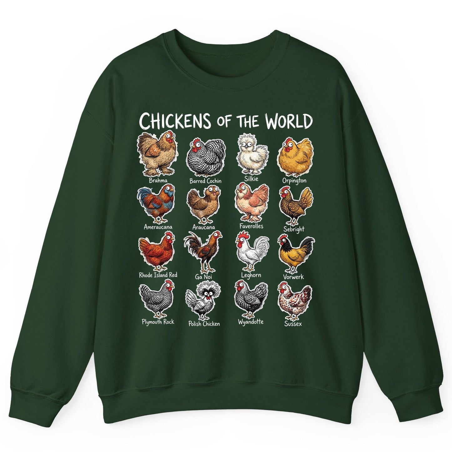 Chickens of the World chicken breeds Sweatshirt Forest Green product mockup