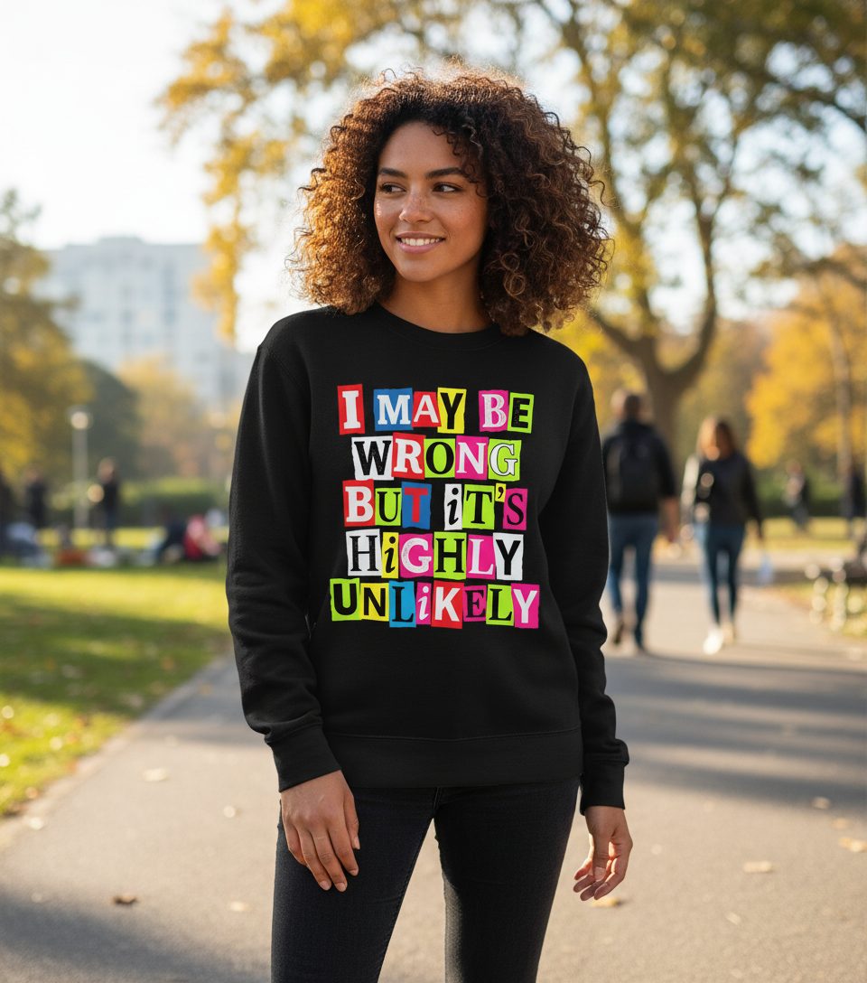 I MAY BE WRONG BUT It's HIGHLY Unlikely Sweatshirt - lifestyle model mockup - Black