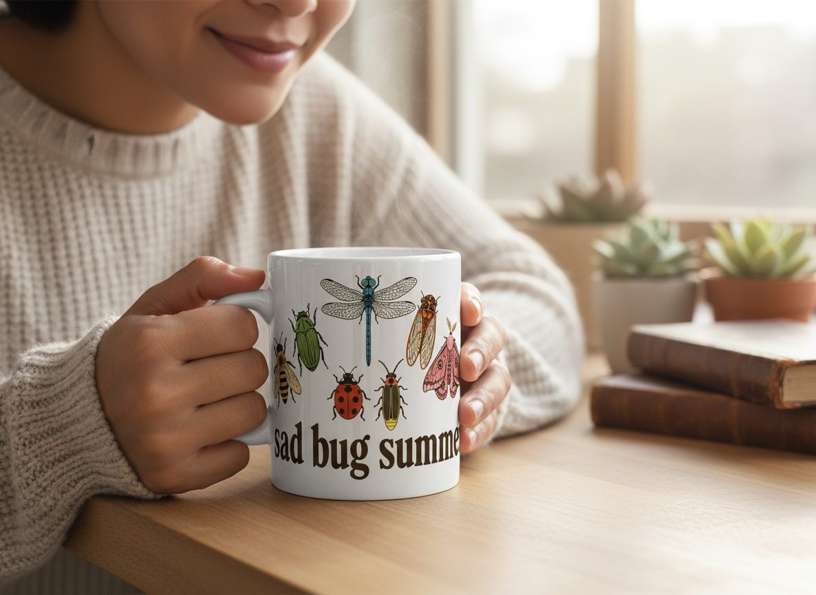 Sad Bug Summer Retro Enthusiasts White Mug - lifestyle model mockup - White
