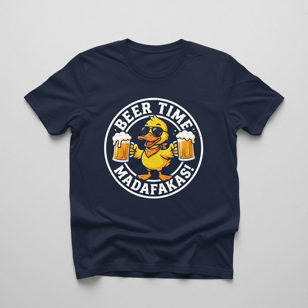 BEER TIME MADAFFAKAS! Funny Duck drinking beer Beer Time Madafakas Duck T-Shirt - product mockup - Navy