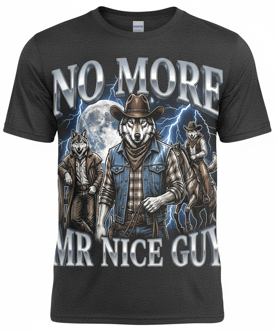 No More Mr Nice Guy Cowboy Wolf T-Shirt - product mockup - Dark Heather