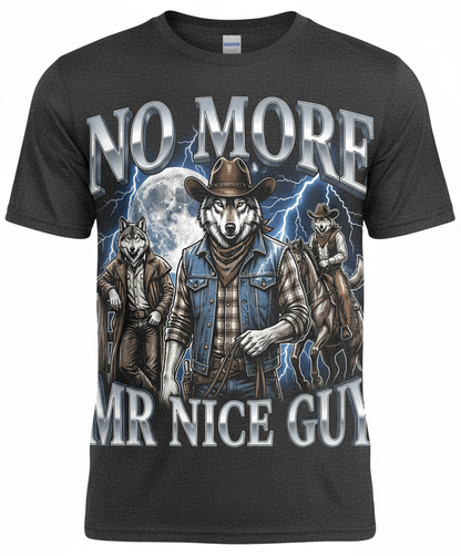 No More Mr Nice Guy Cowboy Wolf T-Shirt - product mockup - Dark Heather