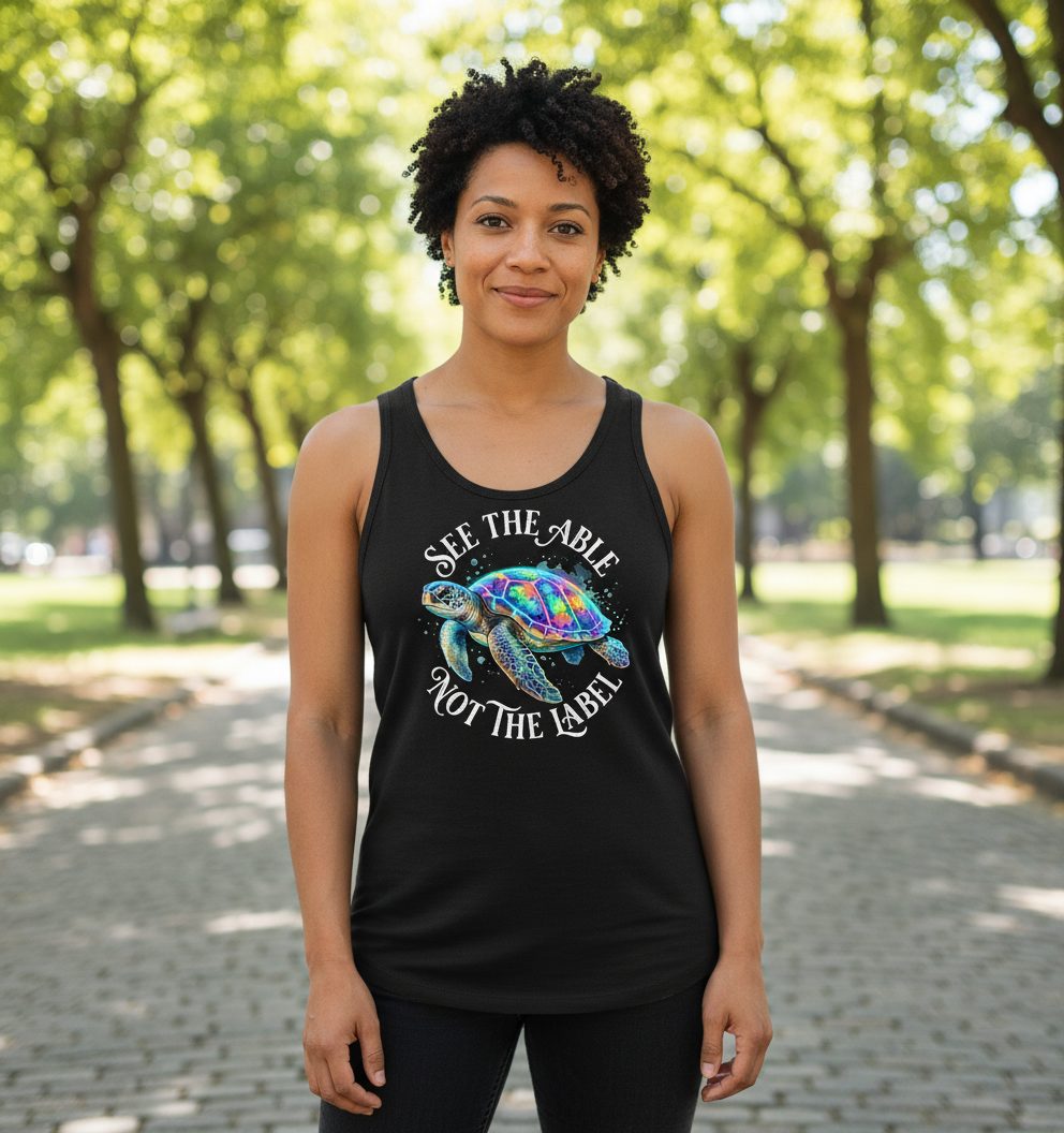 See the Able Not the Label Autism Awareness Tank Top - lifestyle model mockup - Black