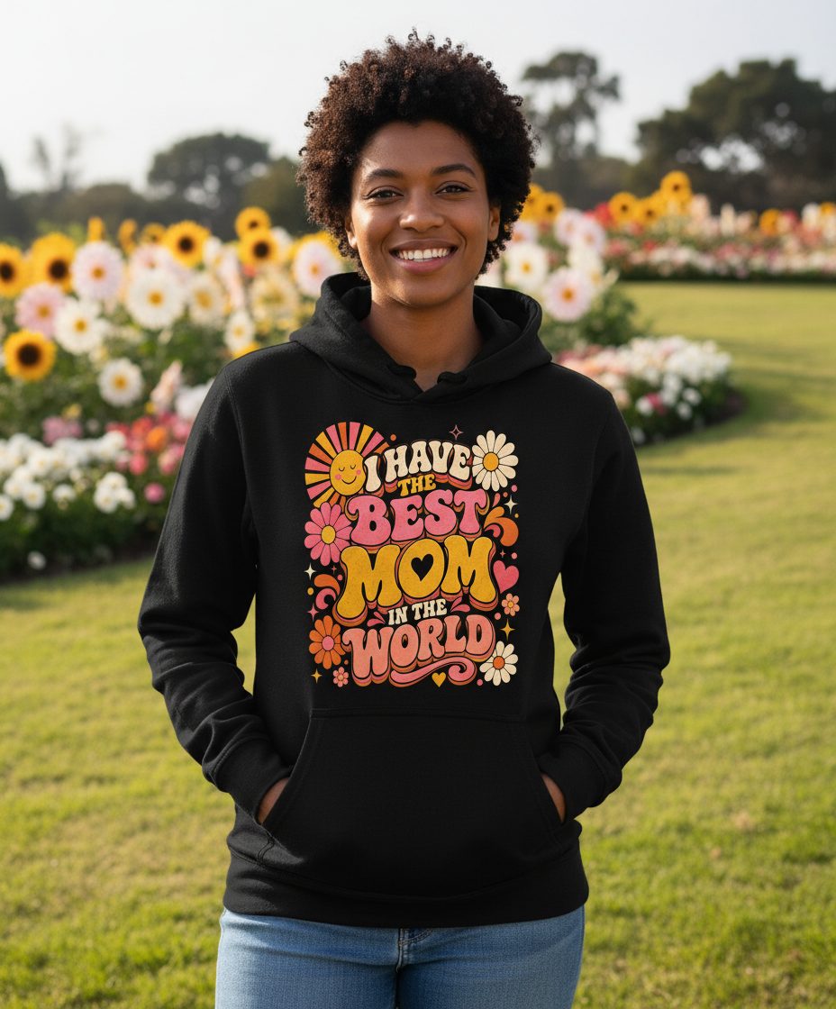 I HAVE THE BEST MOM IN THE WORLD Retro Mother's Day Hoodie - lifestyle model mockup - Black