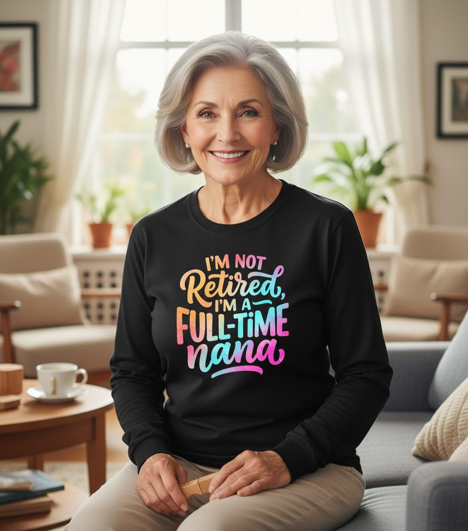 I'M NOT Retired I'M a Full-Time Nana Funny Grandma Long Sleeve Tee - lifestyle model mockup - Black