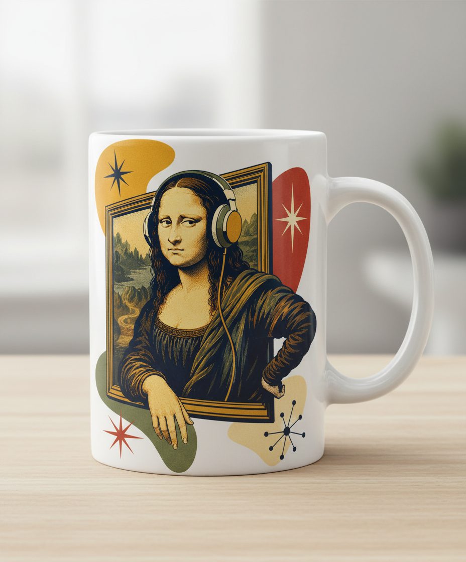 Mona Lisa Listening Retro Art Funny Parody White Mug - product mockup - White