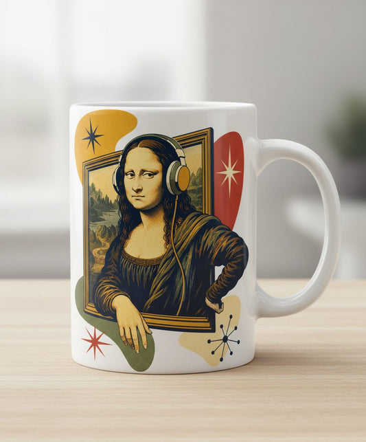 Mona Lisa Listening Retro Art Funny Parody White Mug - product mockup - White