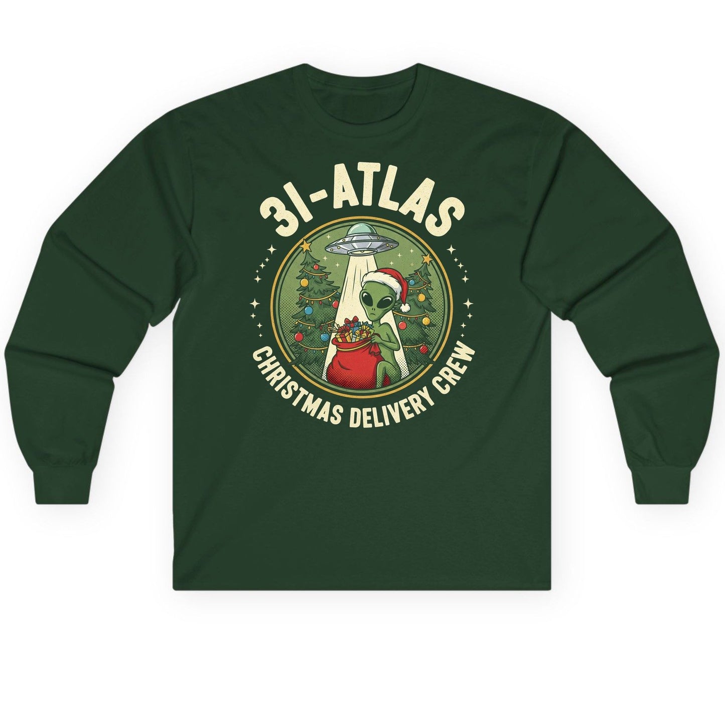 31-Atlas Christmas Delivery Crew alien Christmas Long Sleeve Tee Forest Green product mockup