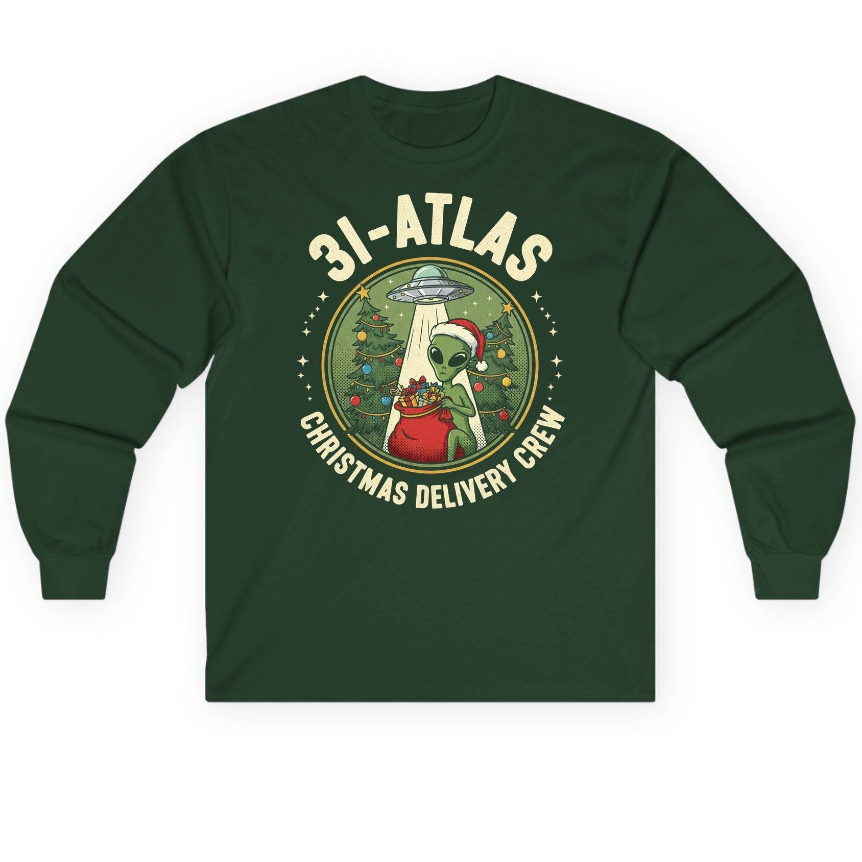 31-Atlas Christmas Delivery Crew alien Christmas Long Sleeve Tee Forest Green product mockup