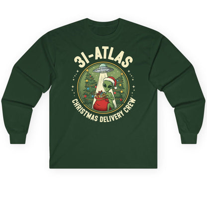 31-Atlas Christmas Delivery Crew alien Christmas Long Sleeve Tee Forest Green product mockup