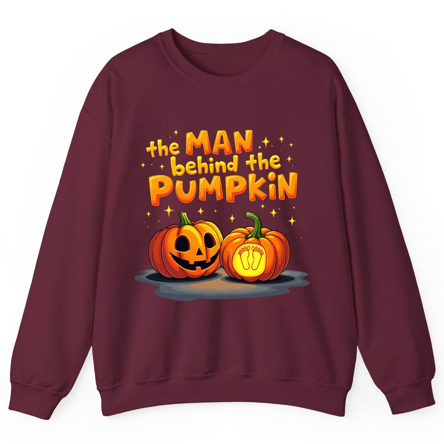 The Man Behind the Pumpkin Halloween pregnancy announcement Sweatshirt Maroon product mockup