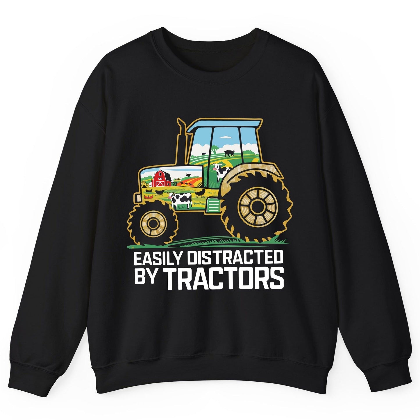 Easily Distracted by Tractors farming Sweatshirt Black product mockup