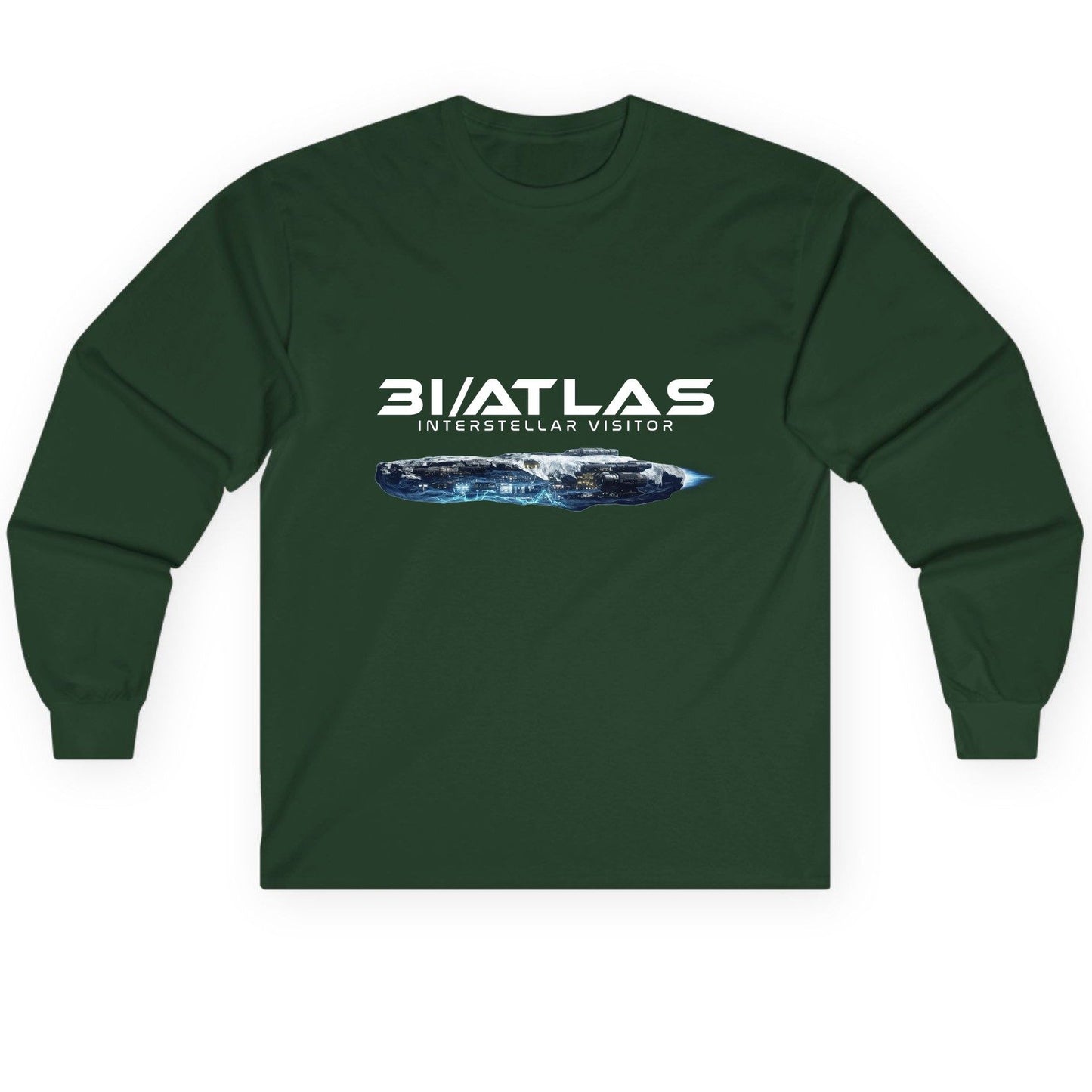 31 Atlas Interstellar Visitor sci-fi spaceship Long Sleeve Tee Forest Green product mockup