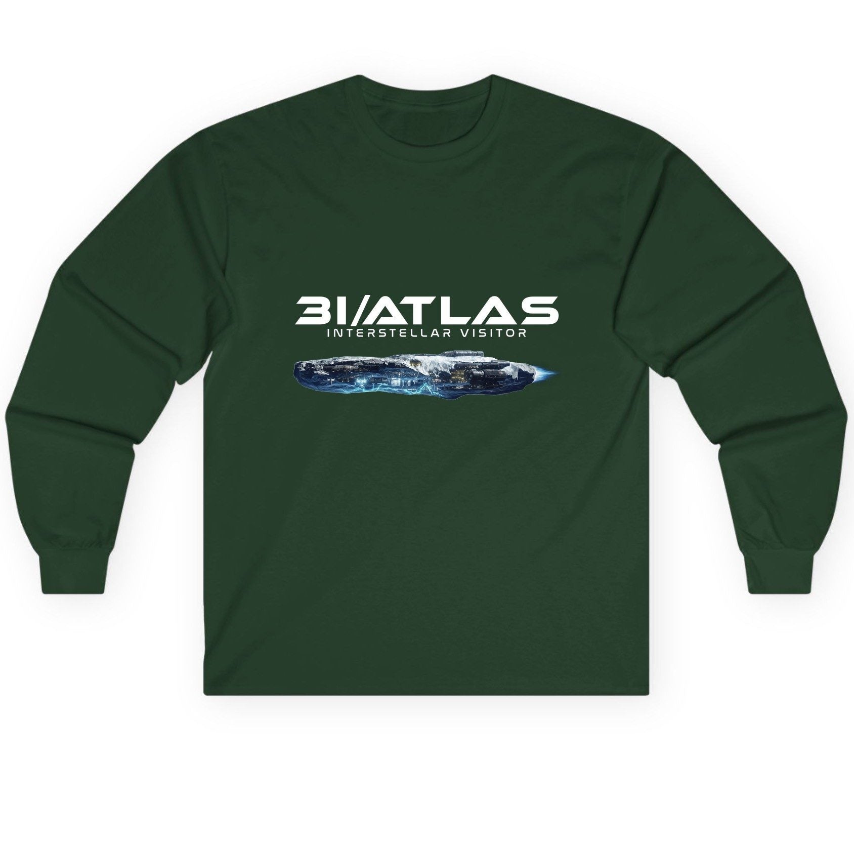 31 Atlas Interstellar Visitor sci-fi spaceship Long Sleeve Tee Forest Green product mockup