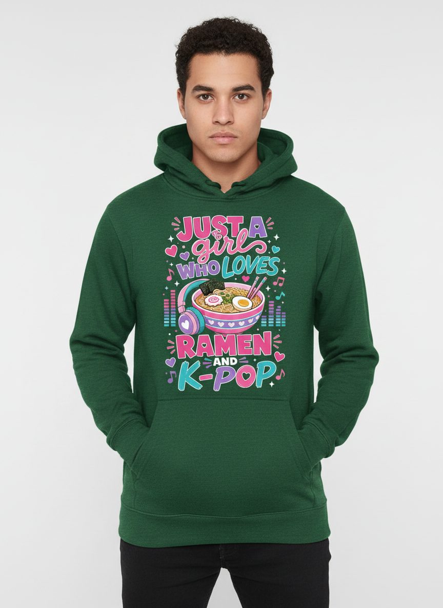 Just a Girl Who Loves Ramen and K-Pop and Ramen Hoodie - product mockup - Forest Green