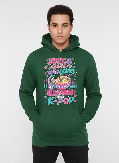 Just a Girl Who Loves Ramen and K-Pop and Ramen Hoodie - product mockup - Forest Green