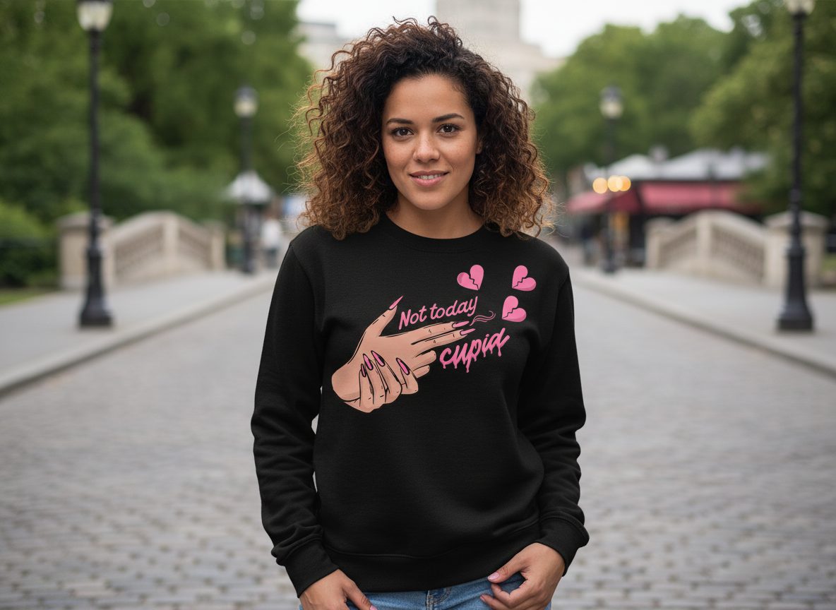Not Today Cupid anti-Valentine's Day Sweatshirt Black lifestyle mockup