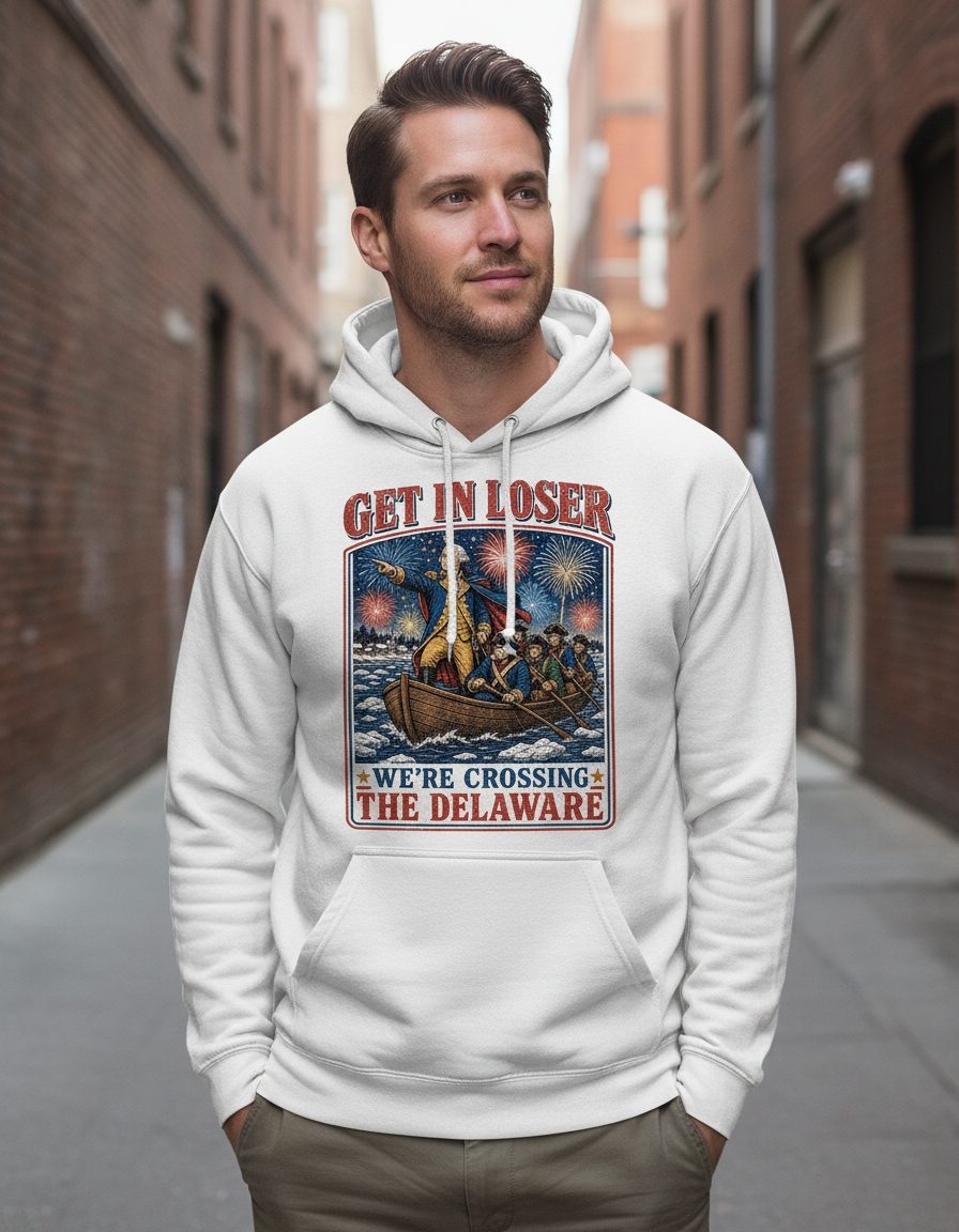 Get in Loser We're Crossing the Delaware Funny American History Hoodie - lifestyle model mockup - White