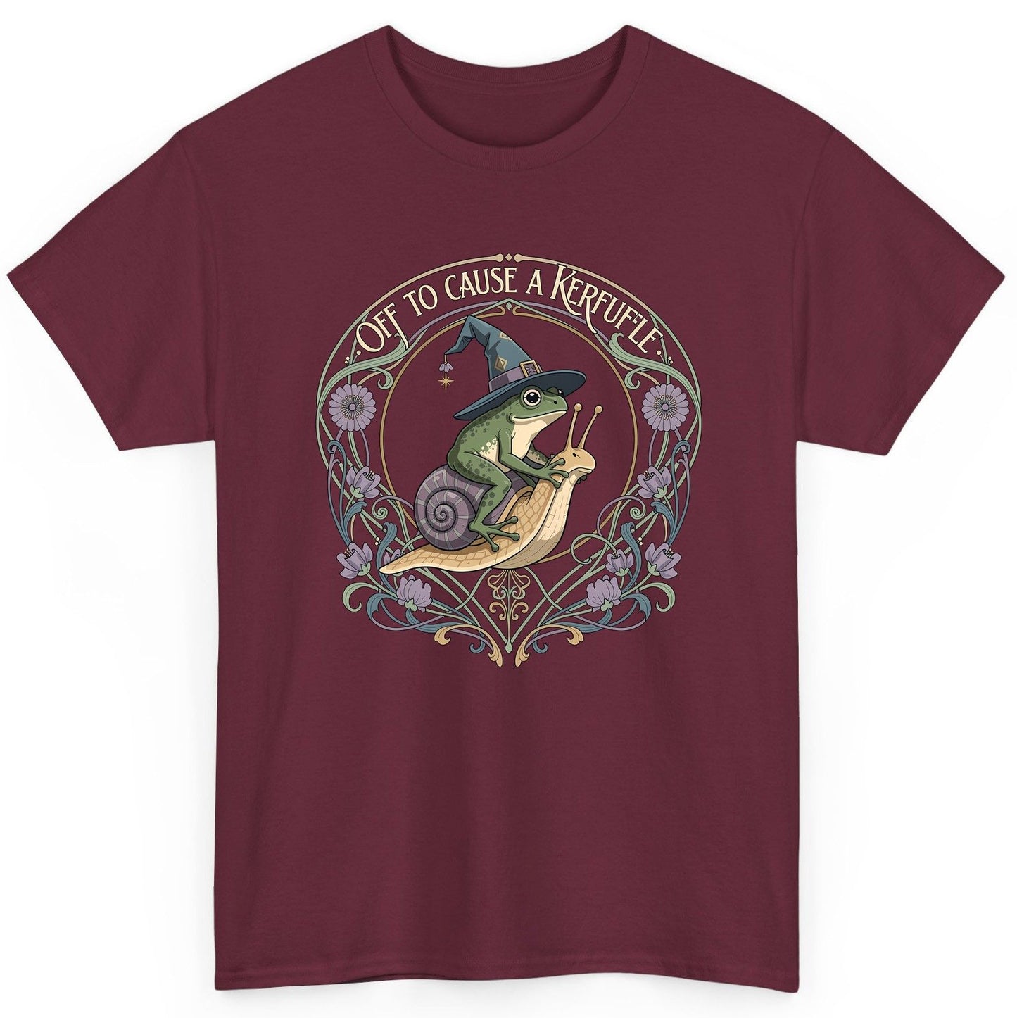 Off to Cause a Kerfuffle frog riding a snail T-Shirt Maroon product mockup