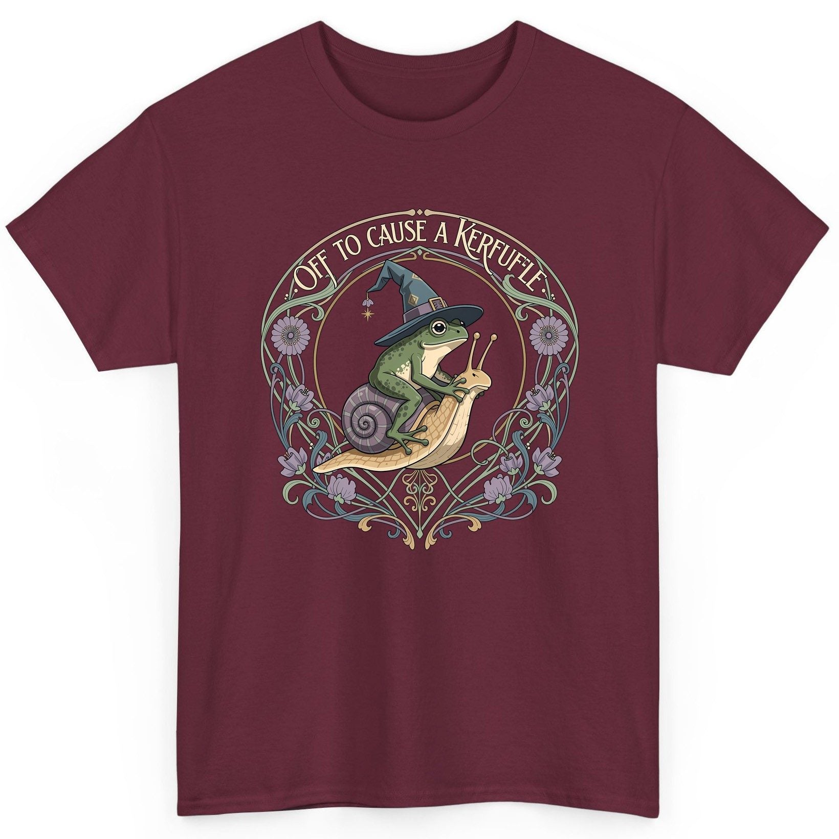 Off to Cause a Kerfuffle frog riding a snail T-Shirt Maroon product mockup