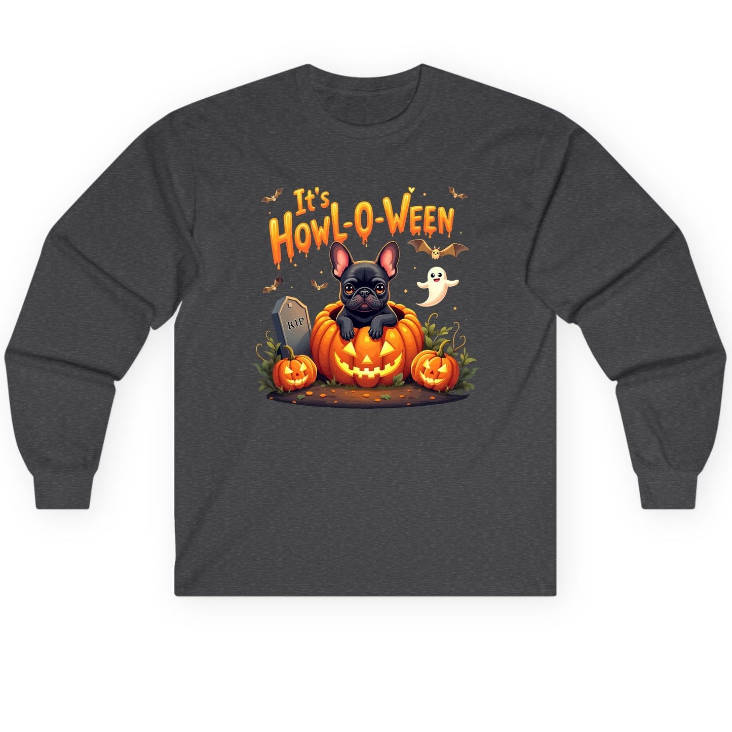 It's Howl-O-Ween french bulldog Long Sleeve Tee Dark Heather product mockup