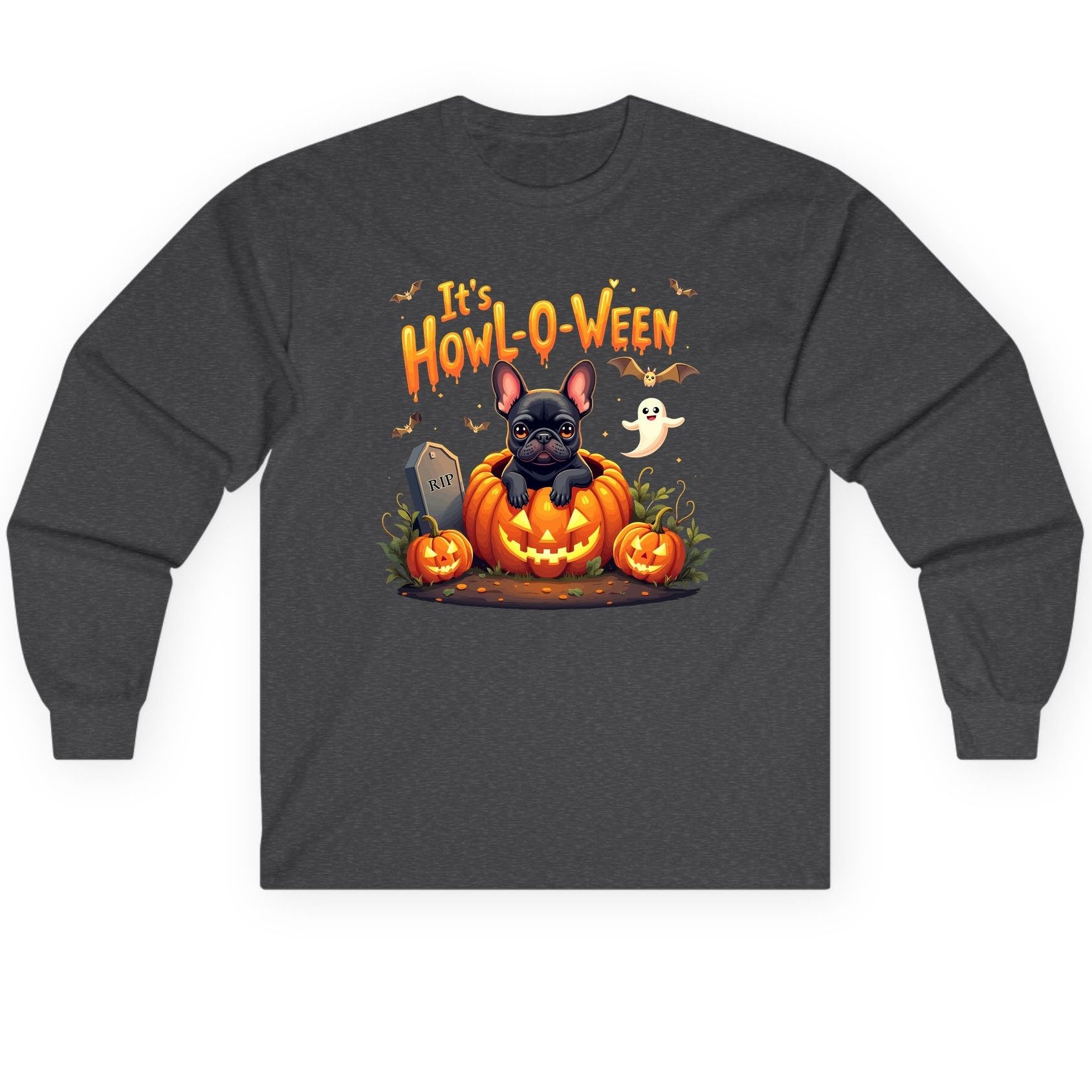 It's Howl-O-Ween french bulldog Long Sleeve Tee Dark Heather product mockup