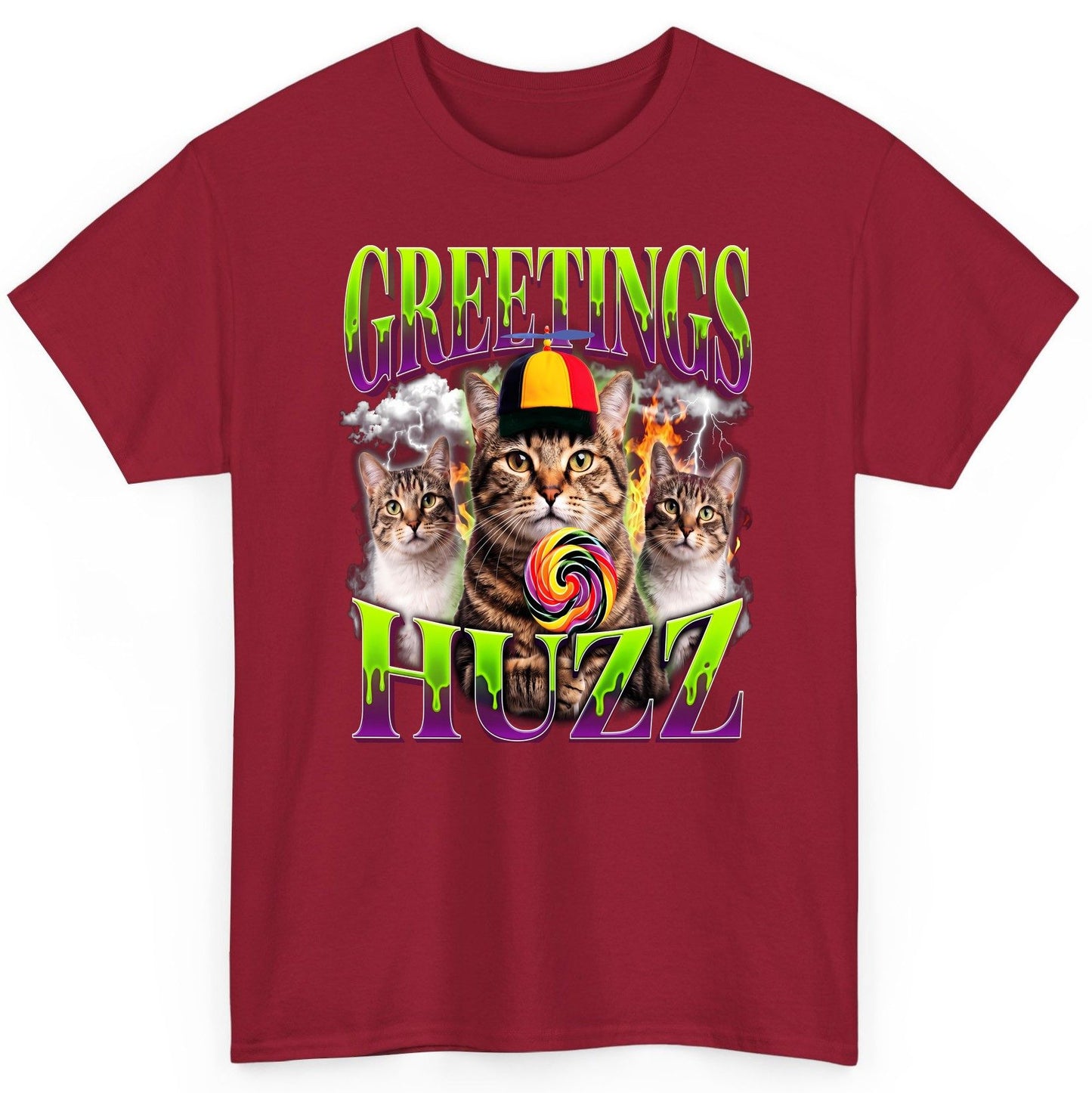 Greetings HUZZ Funny Cat T-Shirt - product mockup - Cardinal Red