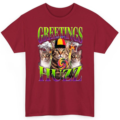 Greetings HUZZ Funny Cat T-Shirt - product mockup - Cardinal Red