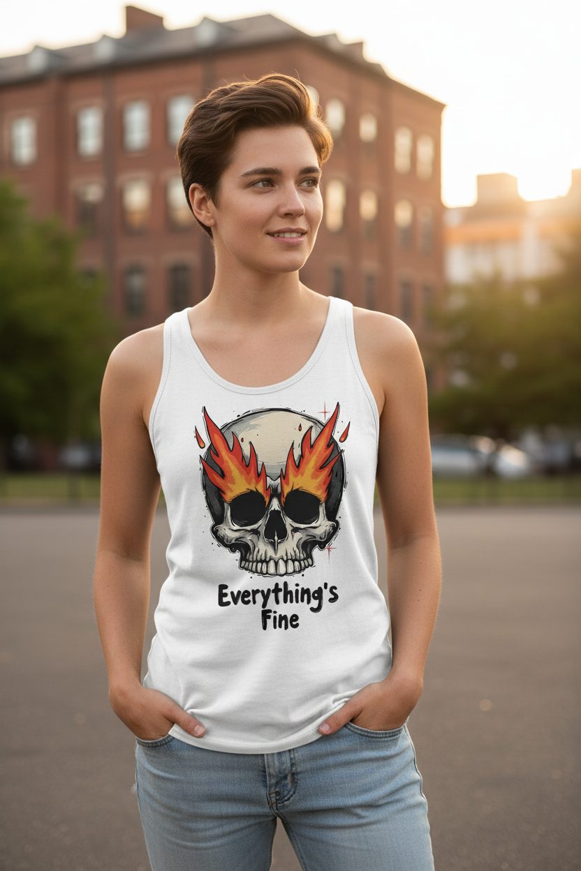 Everything's Fine flaming skull Tank Top White lifestyle mockup