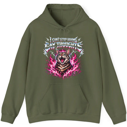 I Can't Stop Having Gay Thoughts cat Hoodie Military Green product mockup