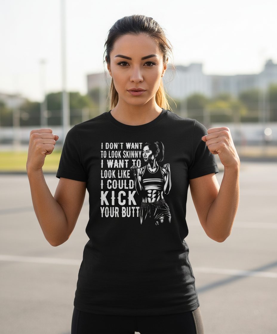 I Don't Want to Look Skinny I Want to Look Like I Could Kick Your Butt women's fitness T-Shirt Black lifestyle mockup