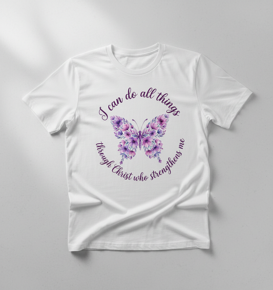 Floral Butterfly 'I can do all things through Christ' Bible Verse T-Shirt - White