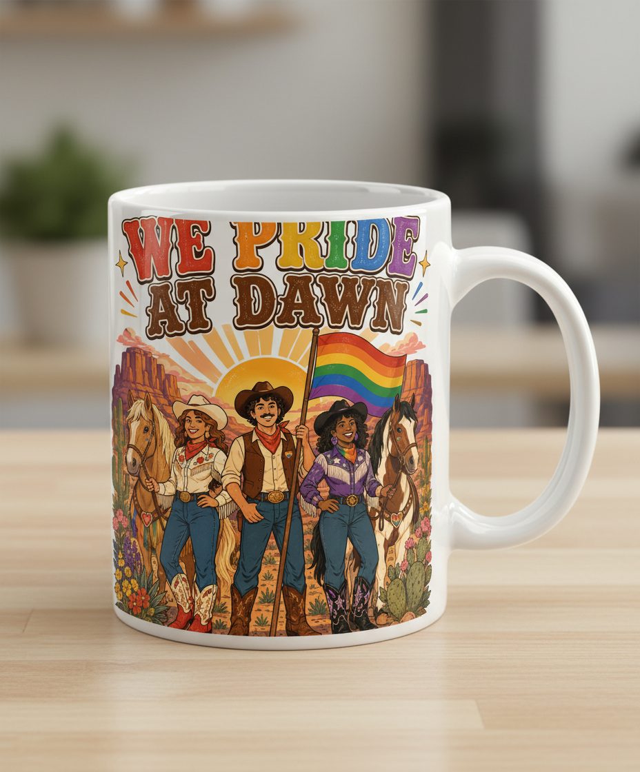 We Pride at Dawn Retro Lgbtq White Mug - product mockup - White
