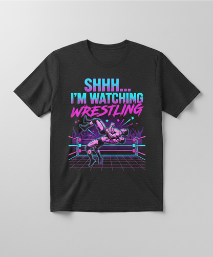 Shhh I'm Watching Wrestling Retro 80s Design T-Shirt - Dark Heather