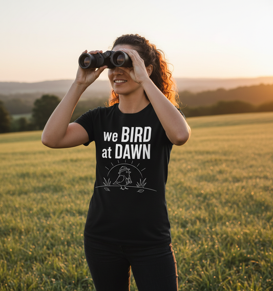 Funny We Bird at Dawn Birdwatching T-Shirt - lifestyle model mockup - Black