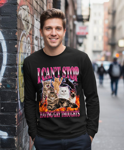 I Can't Stop Having Gay Thoughts cats Long Sleeve Tee Black lifestyle mockup