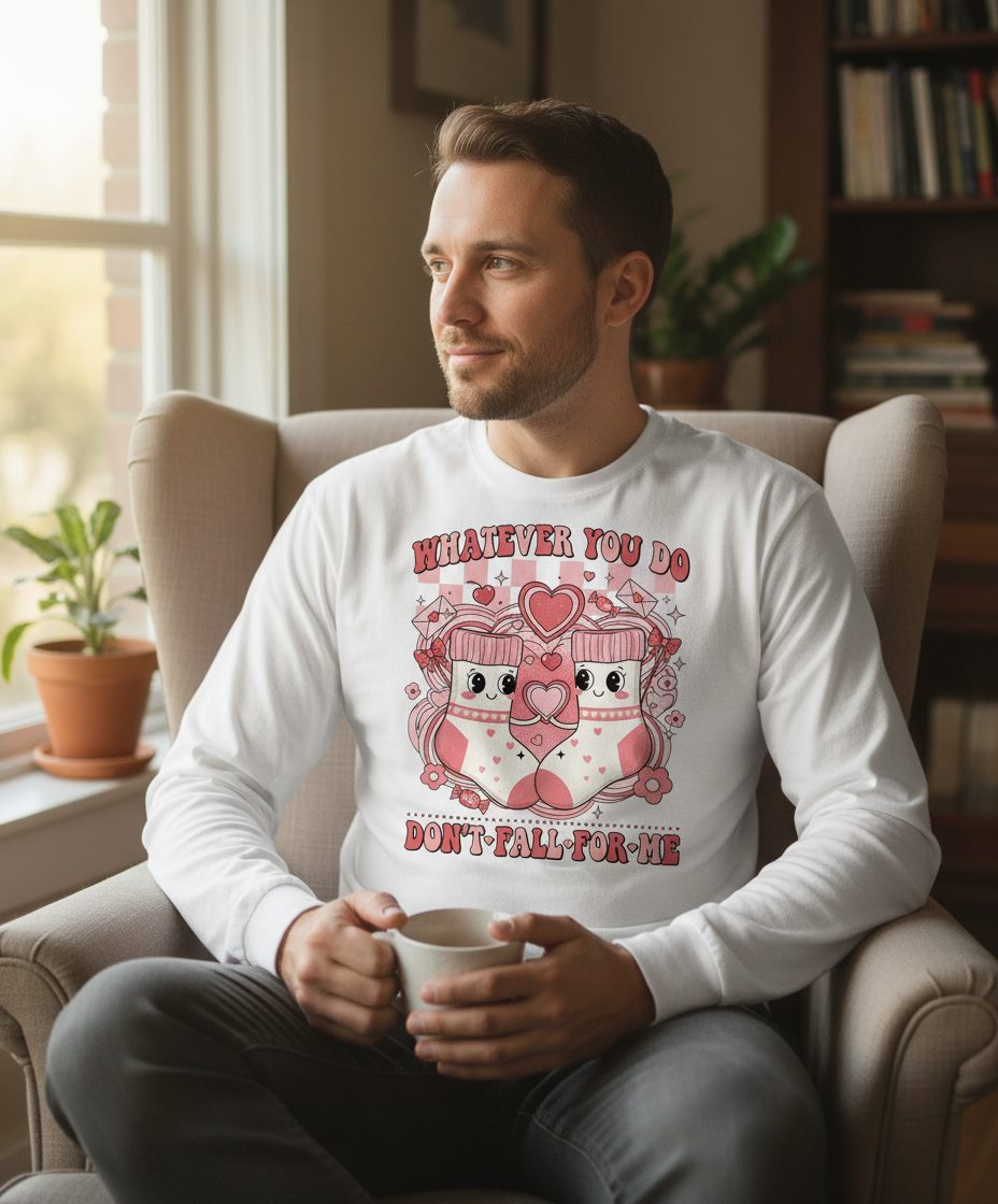 Whatever You Do Don't Fall for Me anti-Valentine's Day Long Sleeve Tee White lifestyle mockup