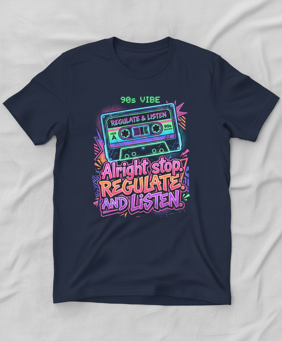 90s Vibe Cassette Tape Regulate and Listen Retro Design T-Shirt - Navy