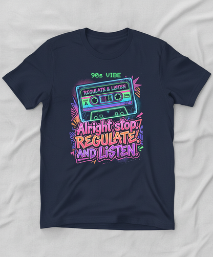 90s Vibe Cassette Tape Regulate and Listen Retro Design T-Shirt - Navy